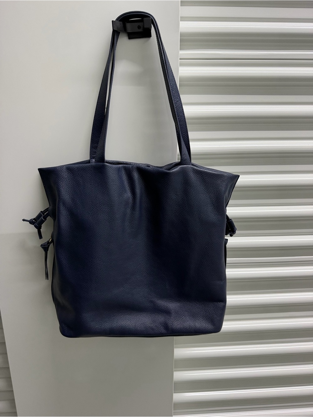 Navy Leather Tote Bag with Double Shoulder Straps